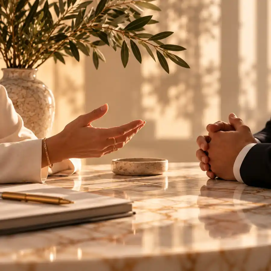 Two people in conversation across a meeting table